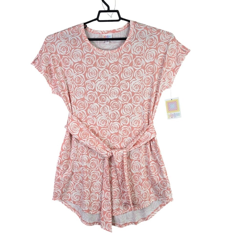 Womens Lularoe Pink & White Rose Print Mitzi Dress Belted Short Sleeve Size M